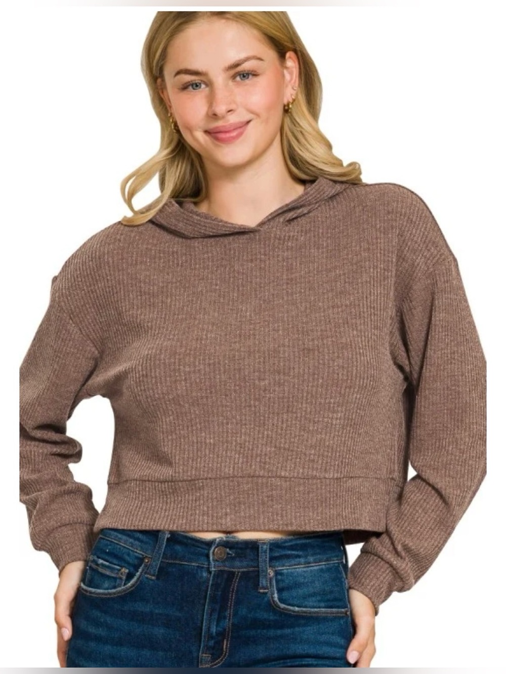 Zenana Outfitters Cropped Ribbed Hoodie in Taupe NWOT